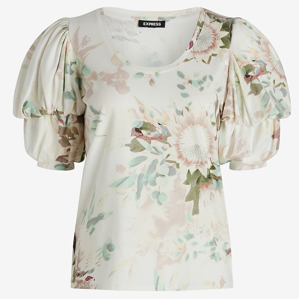 Express Floral Skimming Scoop Neck Puff Sleeve Tee
